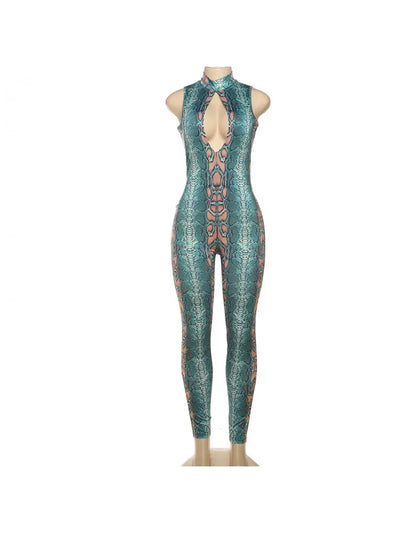 Hoochie Couture Snake Print Hollow Front Jumpsuit – Sultry, Bold & Curve-Hugging