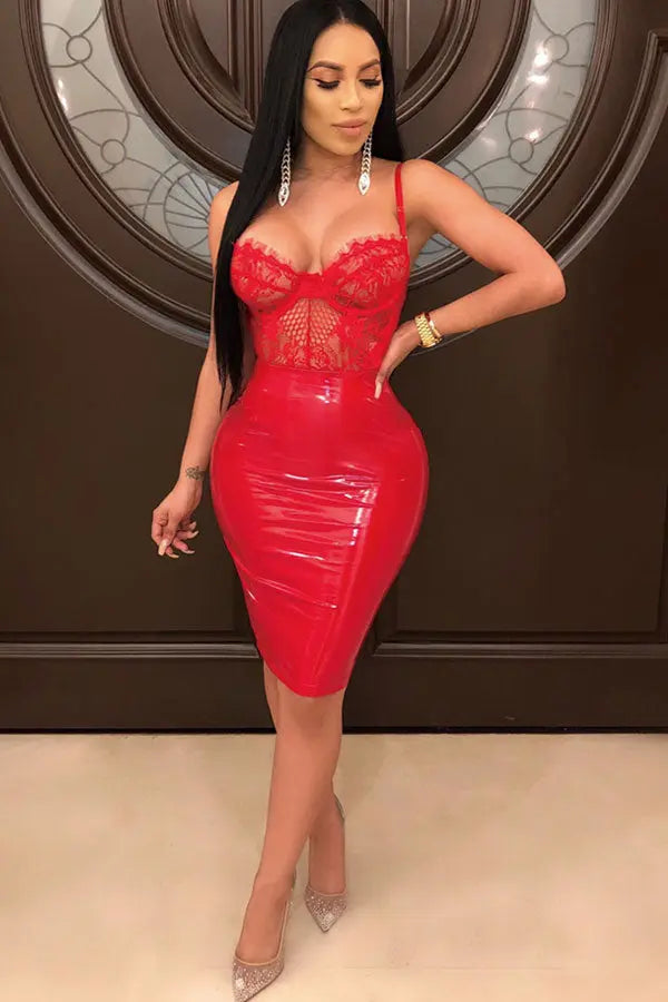 Hoochie Couture PU Lace Back Slip Dress – sleek and sultry women’s faux leather slip dress featuring a low lace-up back, bodycon fit, and adjustable spaghetti straps, perfect for night-out, clubwear, or edgy street style.