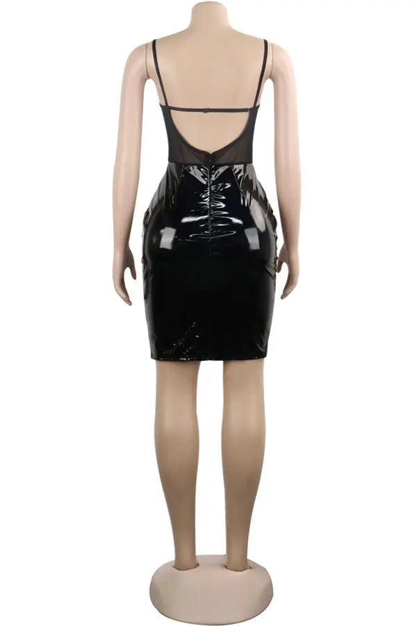 Hoochie Couture PU Lace Back Slip Dress – sleek and sultry women’s faux leather slip dress featuring a low lace-up back, bodycon fit, and adjustable spaghetti straps, perfect for night-out, clubwear, or edgy street style.