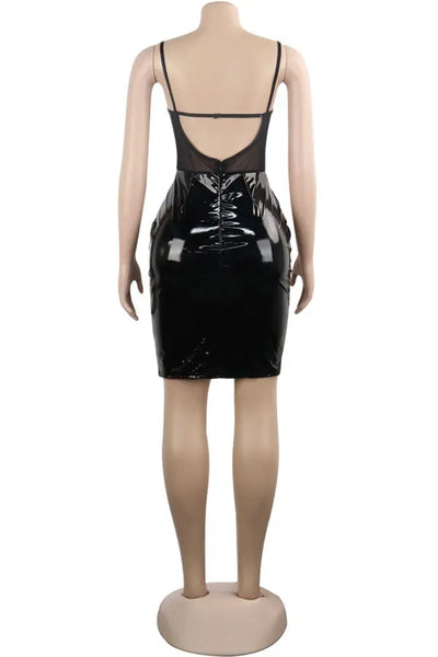 Hoochie Couture PU Lace Back Slip Dress – sleek and sultry women’s faux leather slip dress featuring a low lace-up back, bodycon fit, and adjustable spaghetti straps, perfect for night-out, clubwear, or edgy street style.
