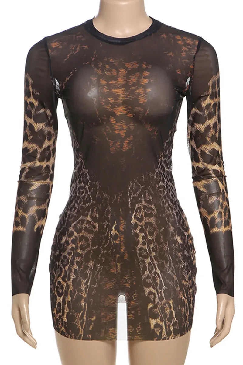 Hoochie Couture Leopard Mesh Wrap Dress – sheer and sultry women’s dress featuring a bold leopard print, wrap silhouette, and lightweight mesh fabric, perfect for night-out, beach cover-up, or resort wear