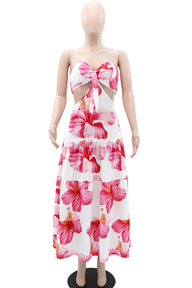 Hoochie Couture Strapless Hollow-Out Maxi Dress – sexy and elegant women’s long dress featuring cut-out detailing, body-hugging silhouette, and strapless neckline, perfect for summer parties, beach vacations, or evening events