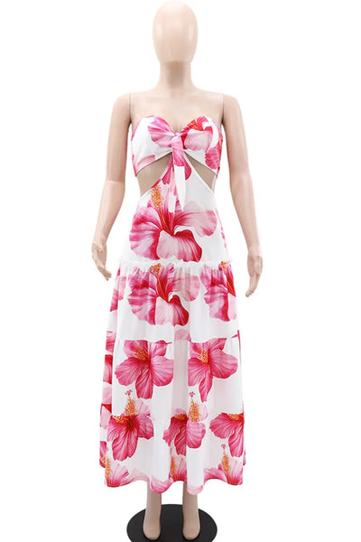 Hoochie Couture Strapless Hollow-Out Maxi Dress – sexy and elegant women’s long dress featuring cut-out detailing, body-hugging silhouette, and strapless neckline, perfect for summer parties, beach vacations, or evening events