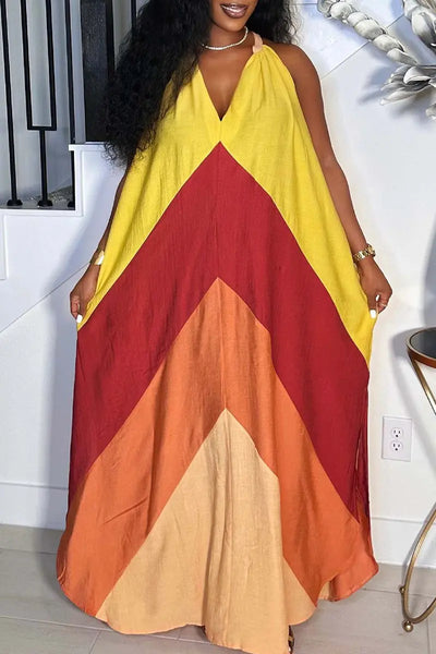 Hoochie Couture V-Neck Slit Maxi Dress – Effortless Everyday Long Dress in Bold Yellow & Red Hoochie Couture Boutique