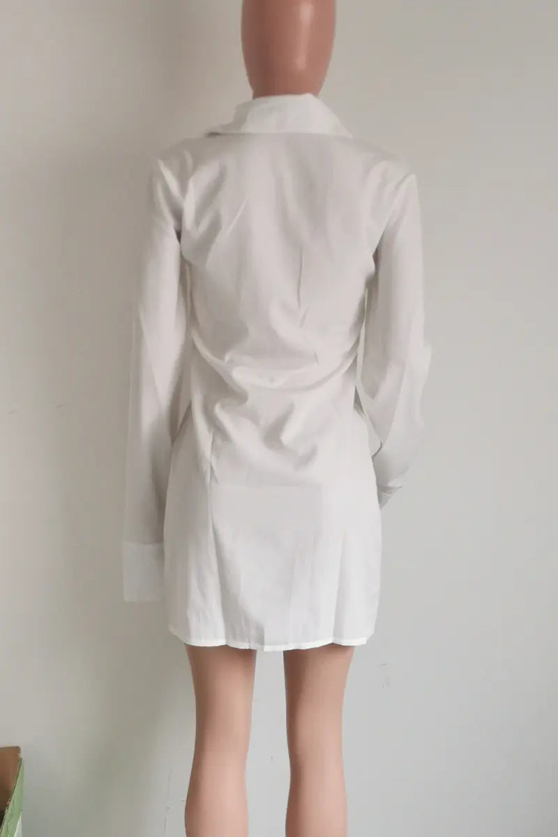 Hoochie Couture Buckle Slit Shirt Dress – edgy and structured women’s shirt dress featuring a front buckle detail, thigh-high slit, and tailored silhouette, perfect for street style, night-out looks, or fashion-forward daywear.