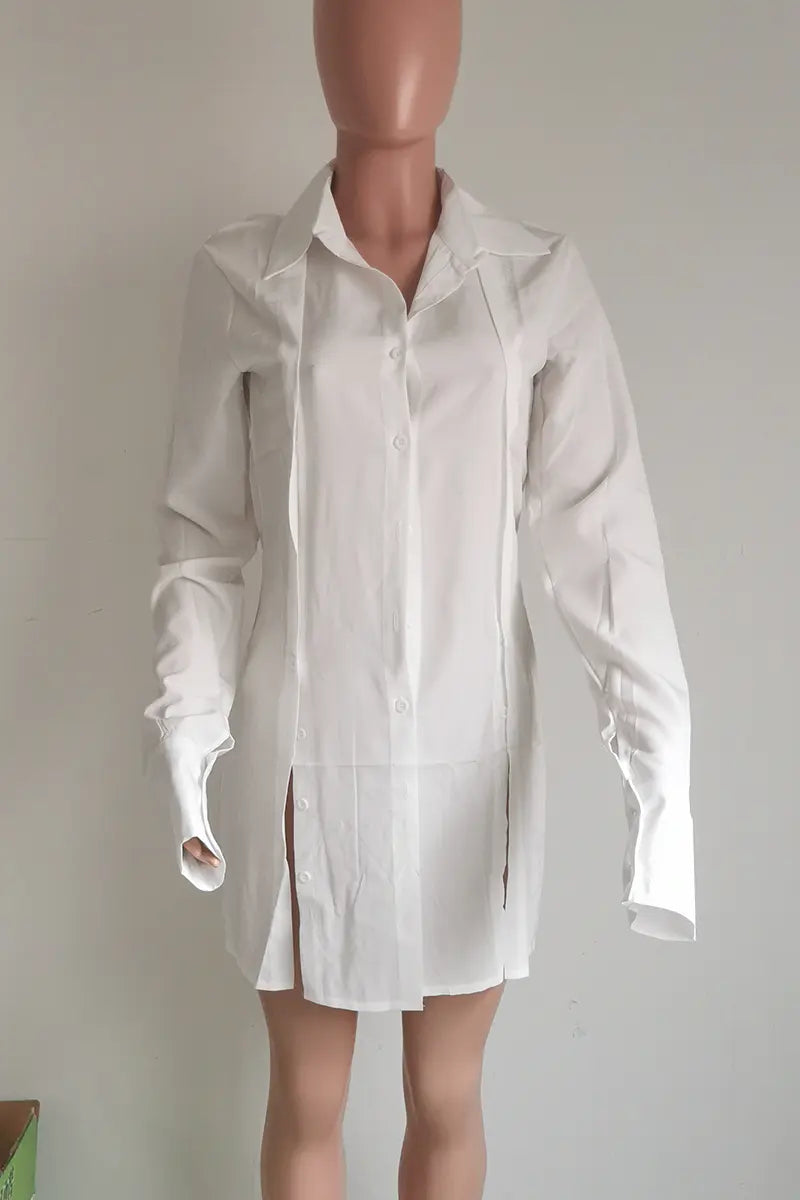 Hoochie Couture Buckle Slit Shirt Dress – edgy and structured women’s shirt dress featuring a front buckle detail, thigh-high slit, and tailored silhouette, perfect for street style, night-out looks, or fashion-forward daywear.