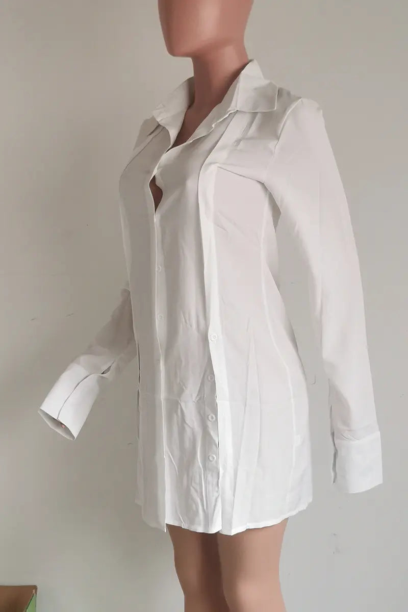 Hoochie Couture Buckle Slit Shirt Dress – edgy and structured women’s shirt dress featuring a front buckle detail, thigh-high slit, and tailored silhouette, perfect for street style, night-out looks, or fashion-forward daywear.
