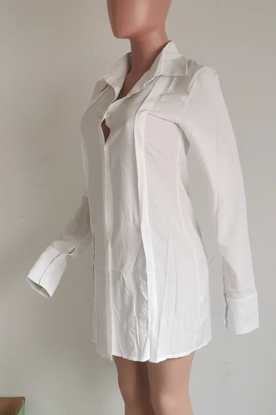 Hoochie Couture Buckle Slit Shirt Dress – edgy and structured women’s shirt dress featuring a front buckle detail, thigh-high slit, and tailored silhouette, perfect for street style, night-out looks, or fashion-forward daywear.