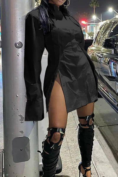 Hoochie Couture Buckle Slit Shirt Dress – edgy and structured women’s shirt dress featuring a front buckle detail, thigh-high slit, and tailored silhouette, perfect for street style, night-out looks, or fashion-forward daywear.