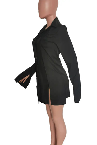 Hoochie Couture Buckle Slit Shirt Dress – edgy and structured women’s shirt dress featuring a front buckle detail, thigh-high slit, and tailored silhouette, perfect for street style, night-out looks, or fashion-forward daywear.