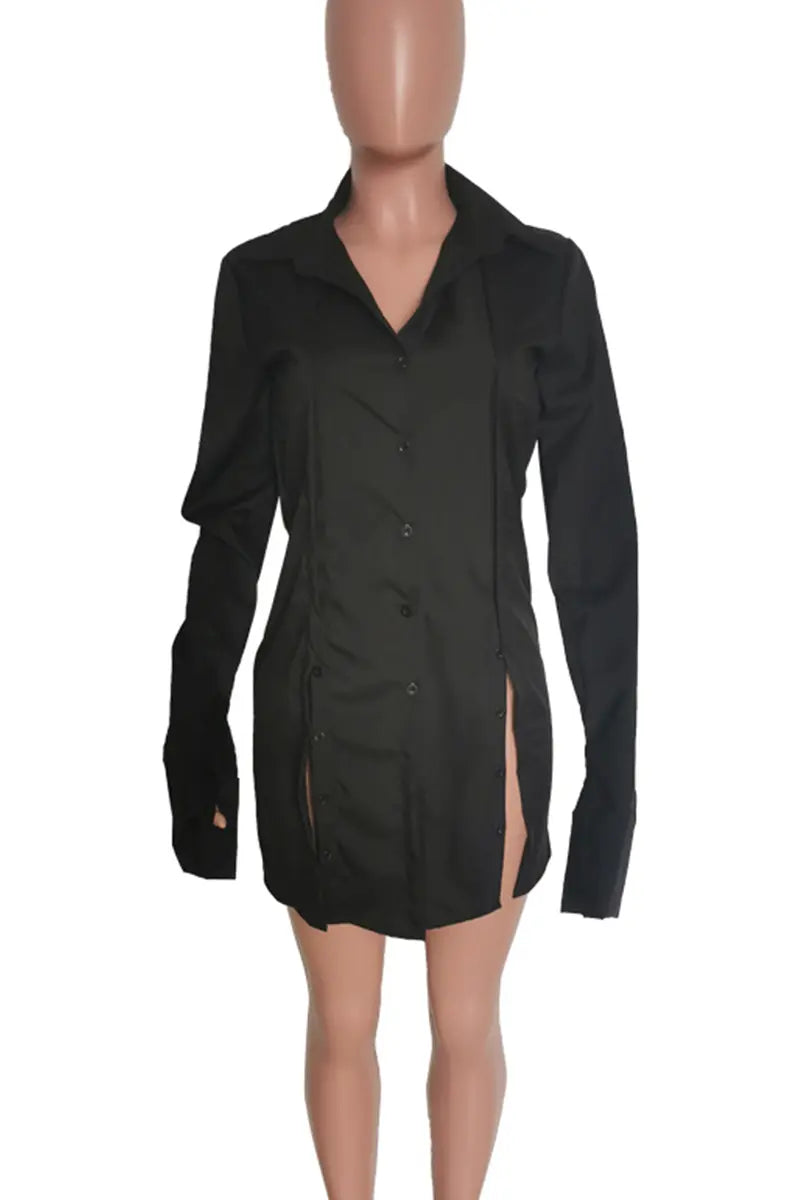 Hoochie Couture Buckle Slit Shirt Dress – edgy and structured women’s shirt dress featuring a front buckle detail, thigh-high slit, and tailored silhouette, perfect for street style, night-out looks, or fashion-forward daywear.