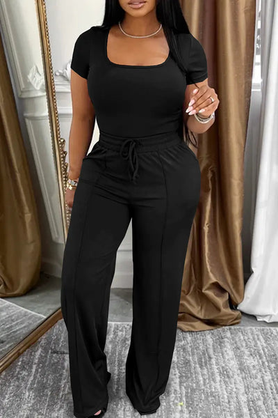 Hoochie Couture Square Neck Two-Piece Set – chic women’s co-ord outfit featuring a cropped square-neck top and matching high-waisted bottoms, perfect for summer street style, brunch looks, or casual glam wear.