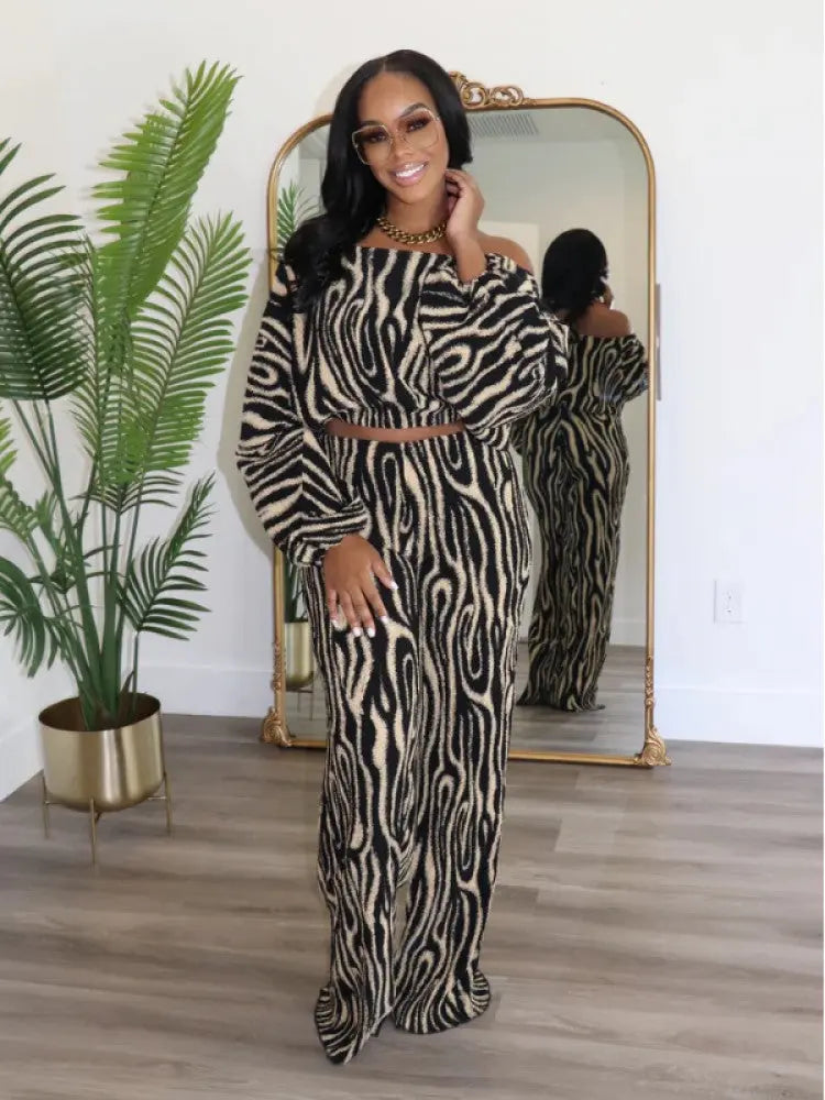 Hoochie Couture Zebra Off-Shoulder Cropped Loose Pant Set – Wild, Effortless & Fashion-Forward