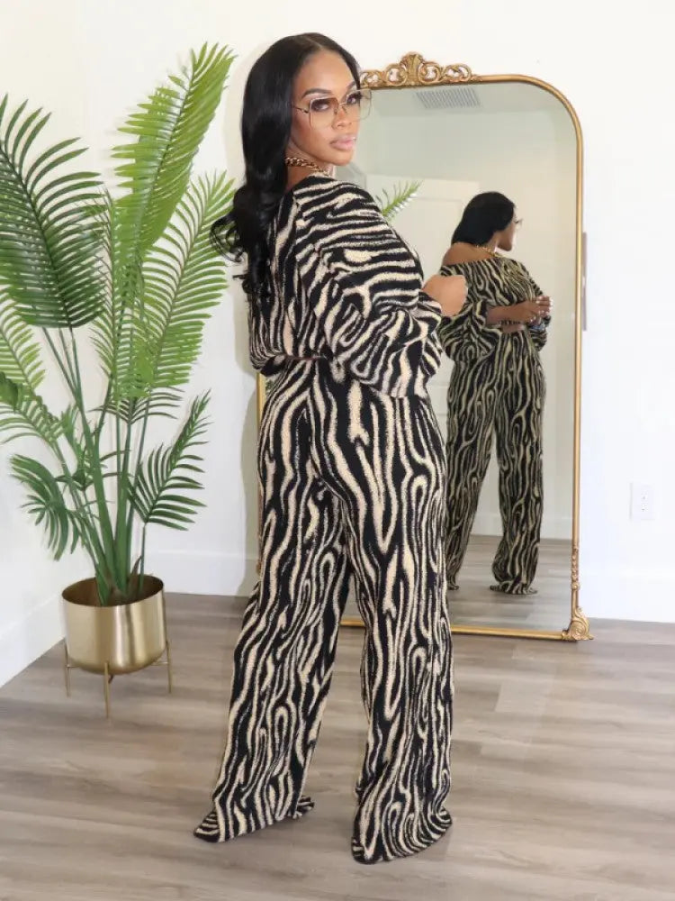 Hoochie Couture Zebra Off-Shoulder Cropped Loose Pant Set – Wild, Effortless & Fashion-Forward