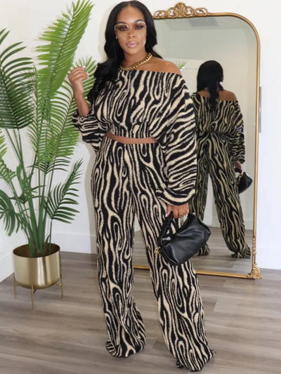 Hoochie Couture Zebra Off-Shoulder Cropped Loose Pant Set – Wild, Effortless & Fashion-Forward