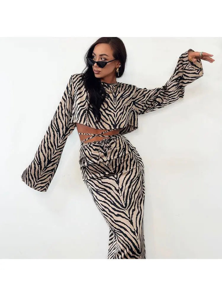 Hoochie Couture Zebra Lace-Up Cropped Top & High-Rise Skirt Set – Wild, Flirty & Statement-Making