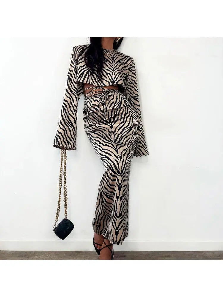 Hoochie Couture Zebra Lace-Up Cropped Top & High-Rise Skirt Set – Wild, Flirty & Statement-Making